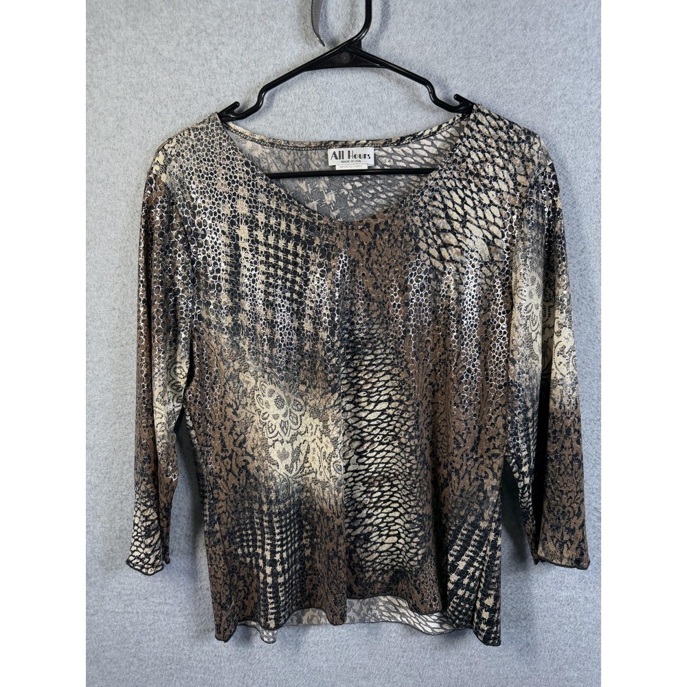 All Hours Shirt Womens Small Brown Animal Print 3/4 Sleeve Stretch Top